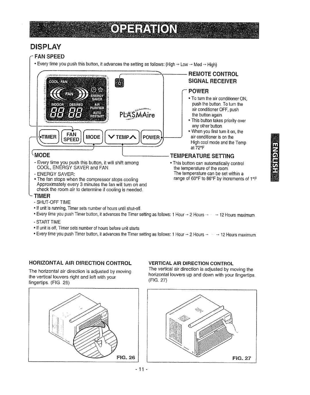 Kenmore 580. 72089 owner manual PbASMAire, Signal Receiver Power, Timer, Vertical AIR Direction Control 