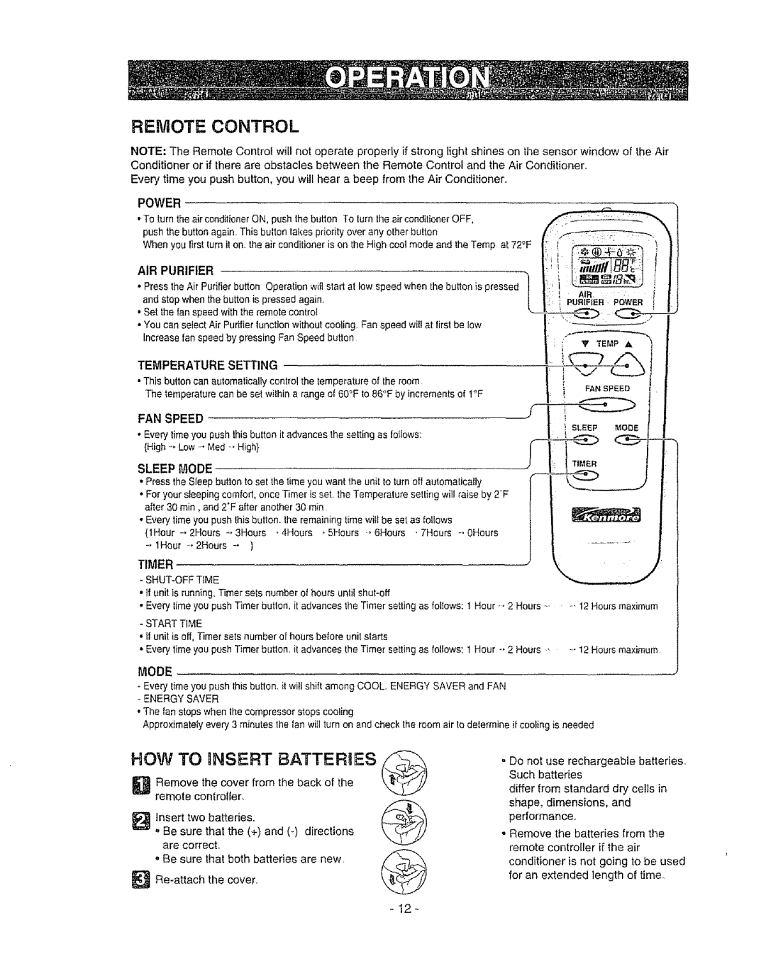 Kenmore 580. 72089 owner manual Remote Control, HOW to iNSERT BATTERgES, AIR Purifier 