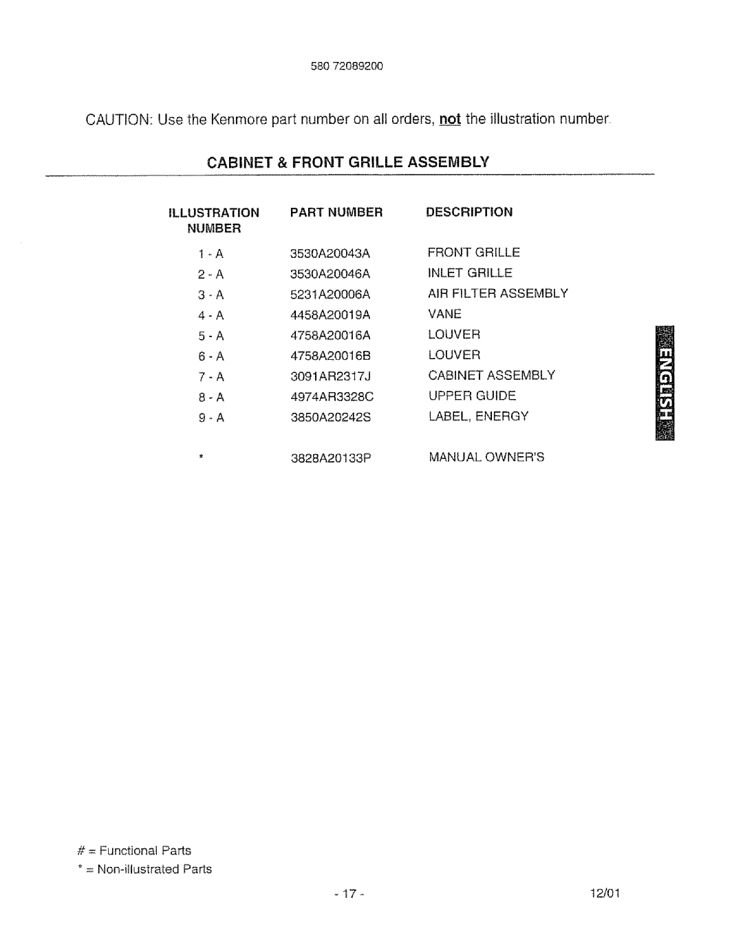 Kenmore 580. 72089 Illustration Part Number Description, Front Grille, Inlet Grille, AIR Filter Assembly, Vane, Louver 