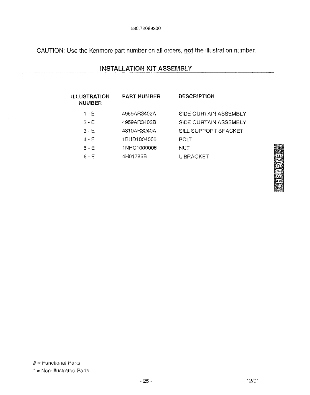 Kenmore 580. 72089 owner manual Illustration Part Number Descriptzon, Side Curtain Assembly, Sill Support Bracket, Nut 