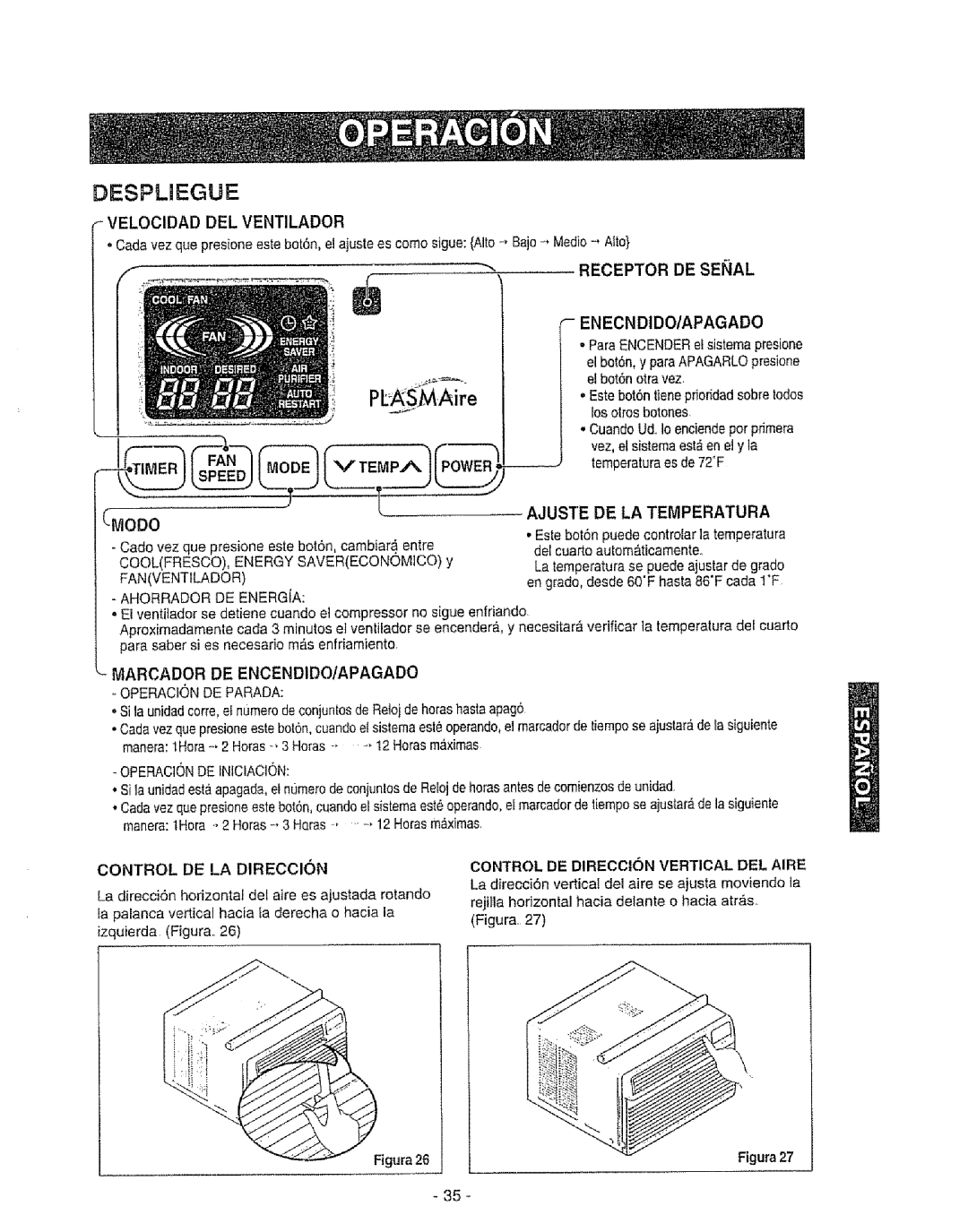 Kenmore 580. 72089 owner manual VELOClDAD DEL Ventilador, Receptor DE Seial, Enecndido/Apagado, Ajuste DE LA Temperatura 