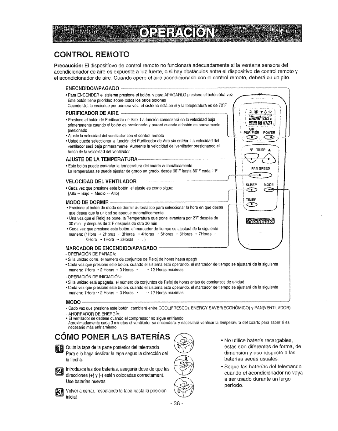 Kenmore 580. 72089 owner manual Control REMOTe, BaioMed-. oI, Come Poner LAS Baterias, Enecndidoiapagado, Modo 