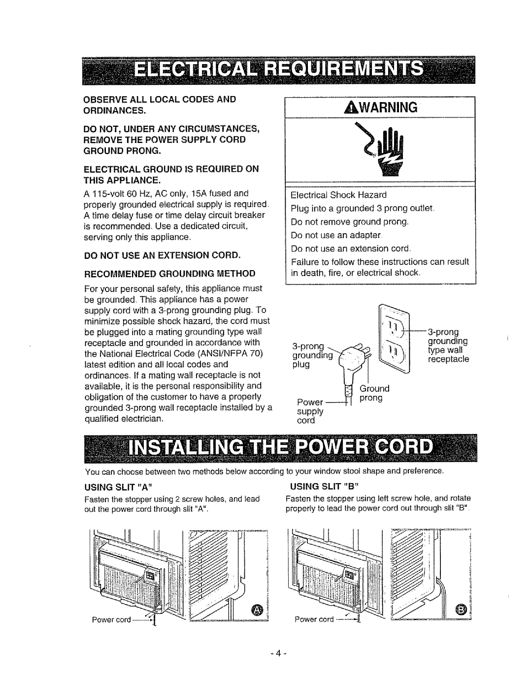 Kenmore 580. 72089 owner manual Do not USE AN Extension Cord, Recommended Grounding Method, Using Slit a 