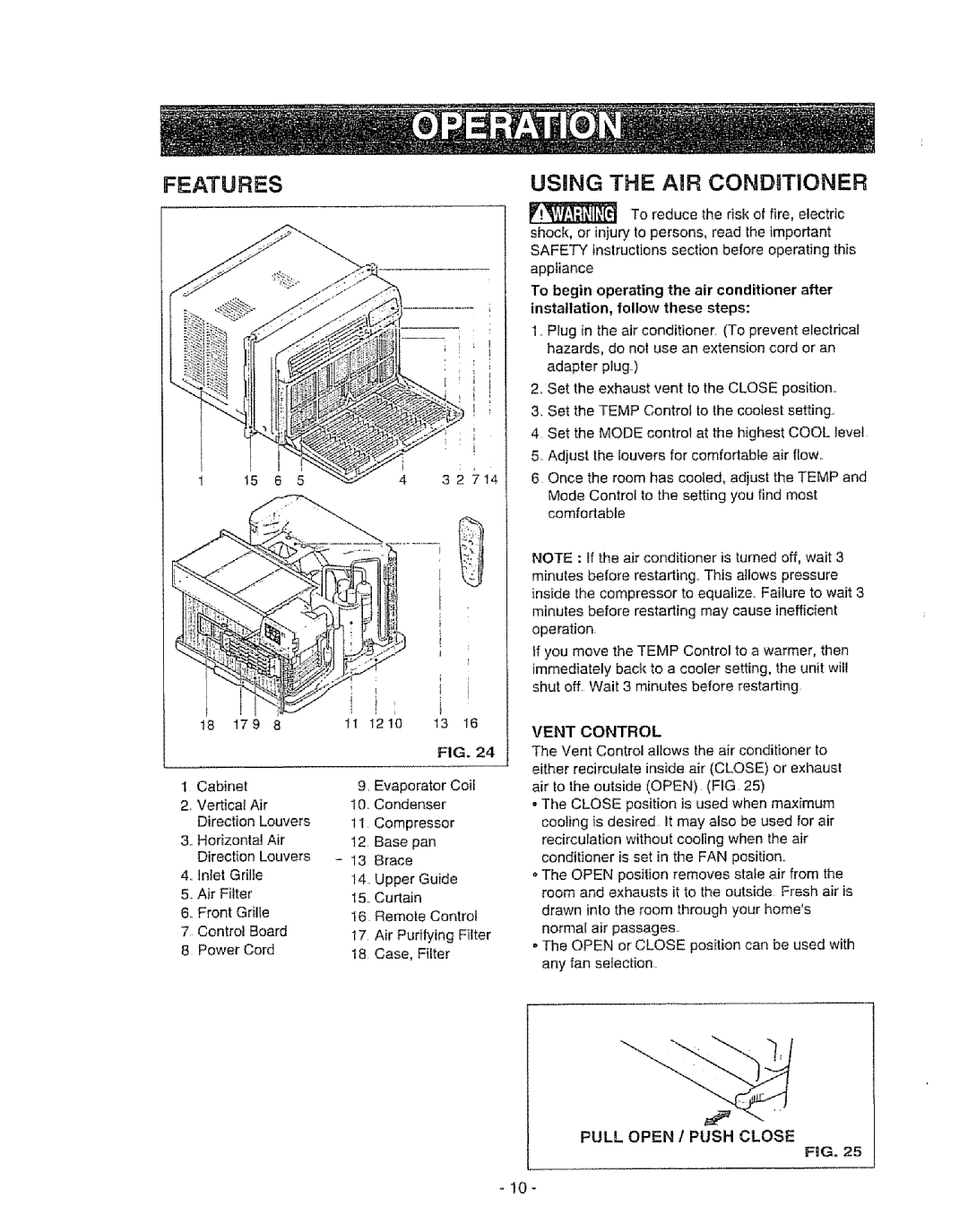 Kenmore 580. 72089 owner manual Features, USING THE AIR CONDgTIONER, FgG 