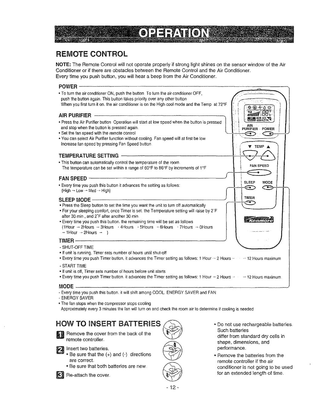 Kenmore 580. 72089 owner manual Remote Control, HOW TO iNSERT BATTERgES, Power, Air Purifier, Mode, _ Re-attachthe cover 