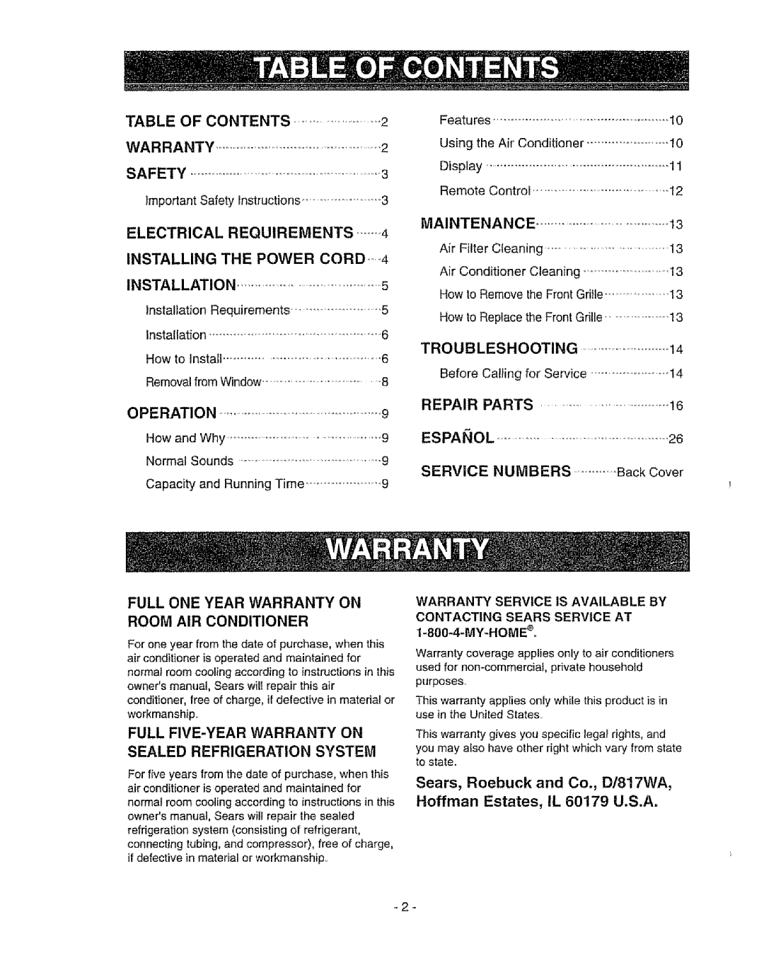 Kenmore 580. 72089 Full Five-Yearwarranty On, Sealed Refrigeration System, Table Of Contents, Safety, Electrical, Room 