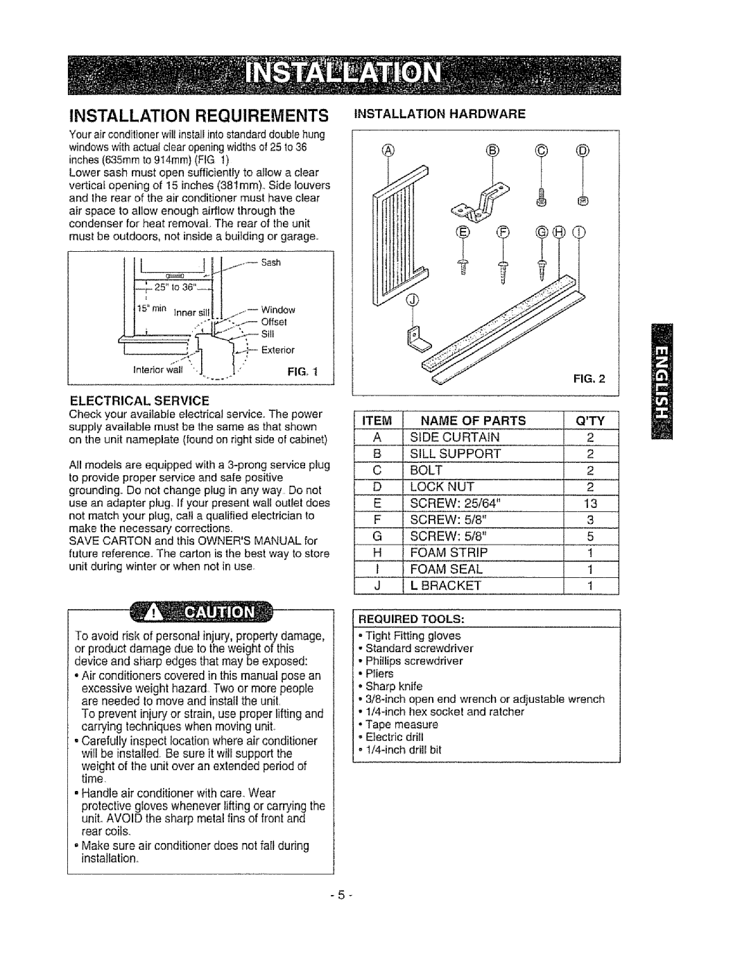Kenmore 580. 72089 owner manual Installation Requirements, Installation Hardware, Item 