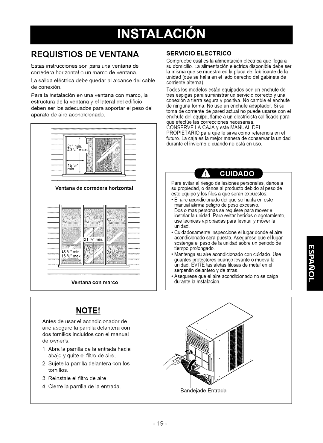 Kenmore 580.75123, 580. 75063 owner manual Requistios DE Ventana, Servicio Electrico 