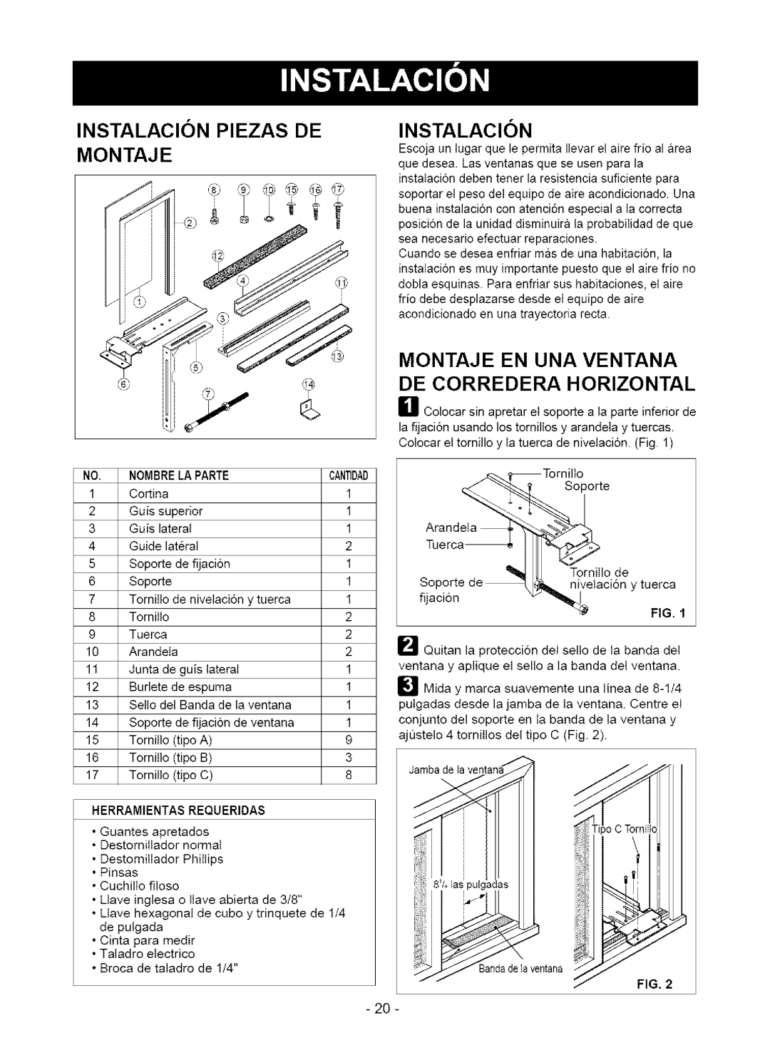 Kenmore 580. 75063 Instalacion Piezas DE Montaje, Montaje EN UNA Ventana, DE Corredera Horizontal, Nombrela Parte Cantdad 