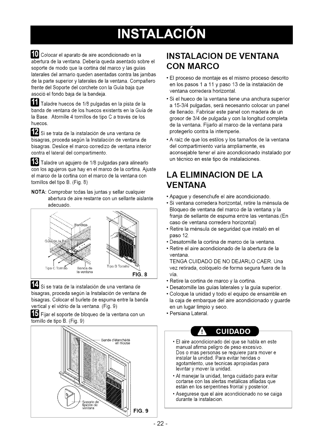 Kenmore 580. 75063, 580.75123 owner manual Instalacion DE Ventana CON Marco, LA Eliminacion DE LA Ventana 