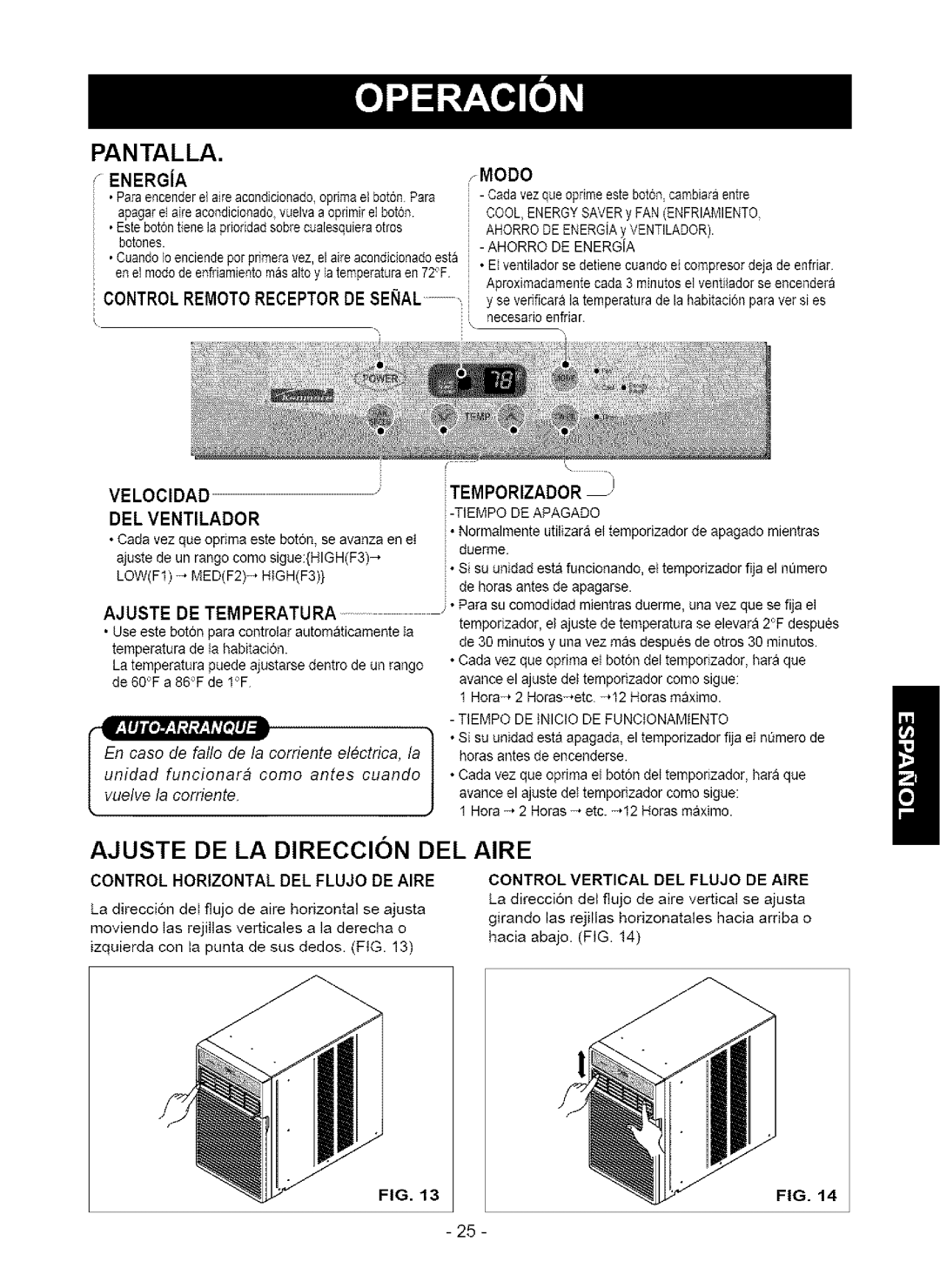 Kenmore 580.75123 Pantalla, Ajuste DE LA Direccion DEL Aire, Energamodo, Control Remoto Receptor DE Senal, Temporizador 