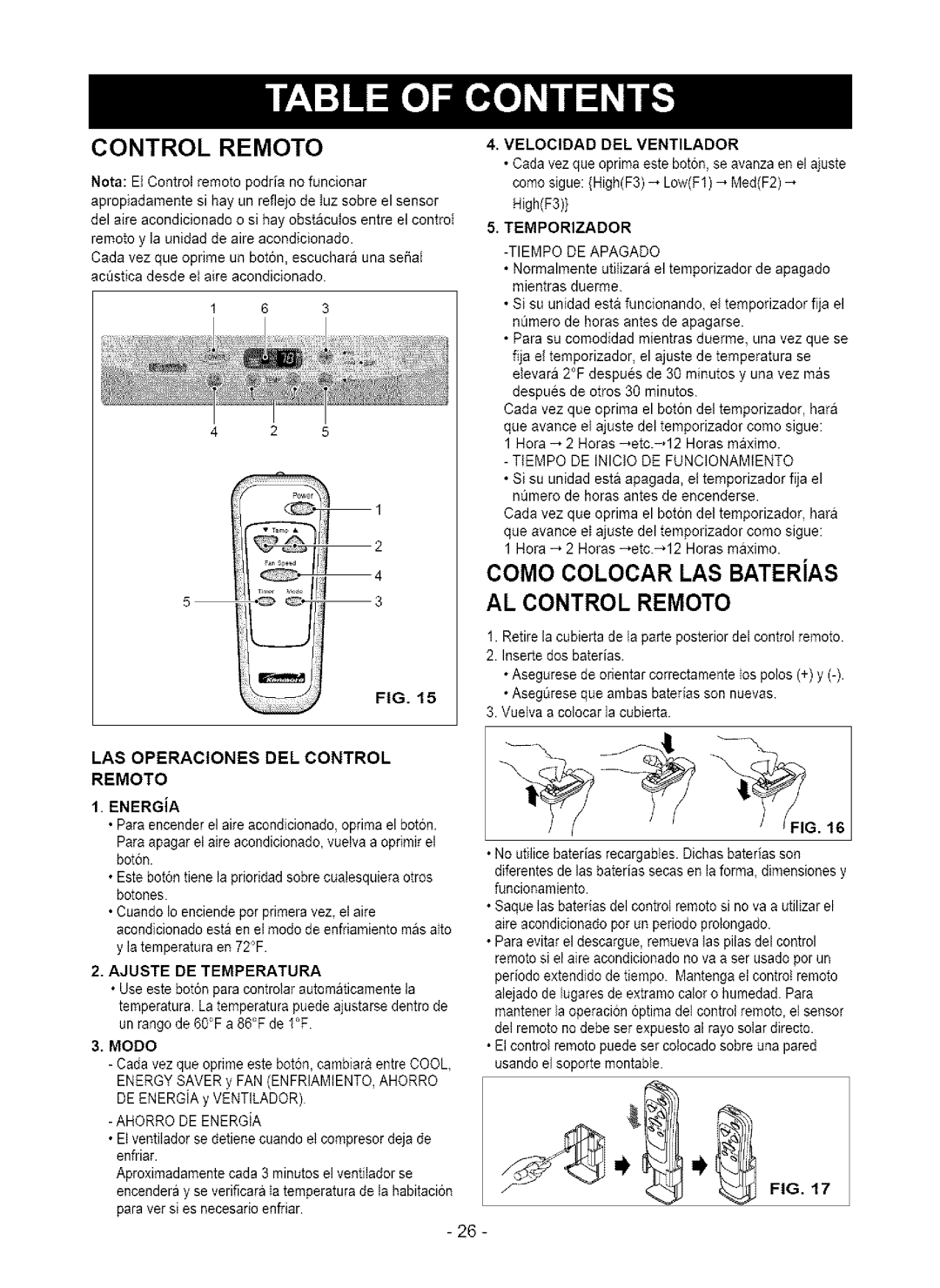 Kenmore 580. 75063, 580.75123 owner manual AL Control Remoto 