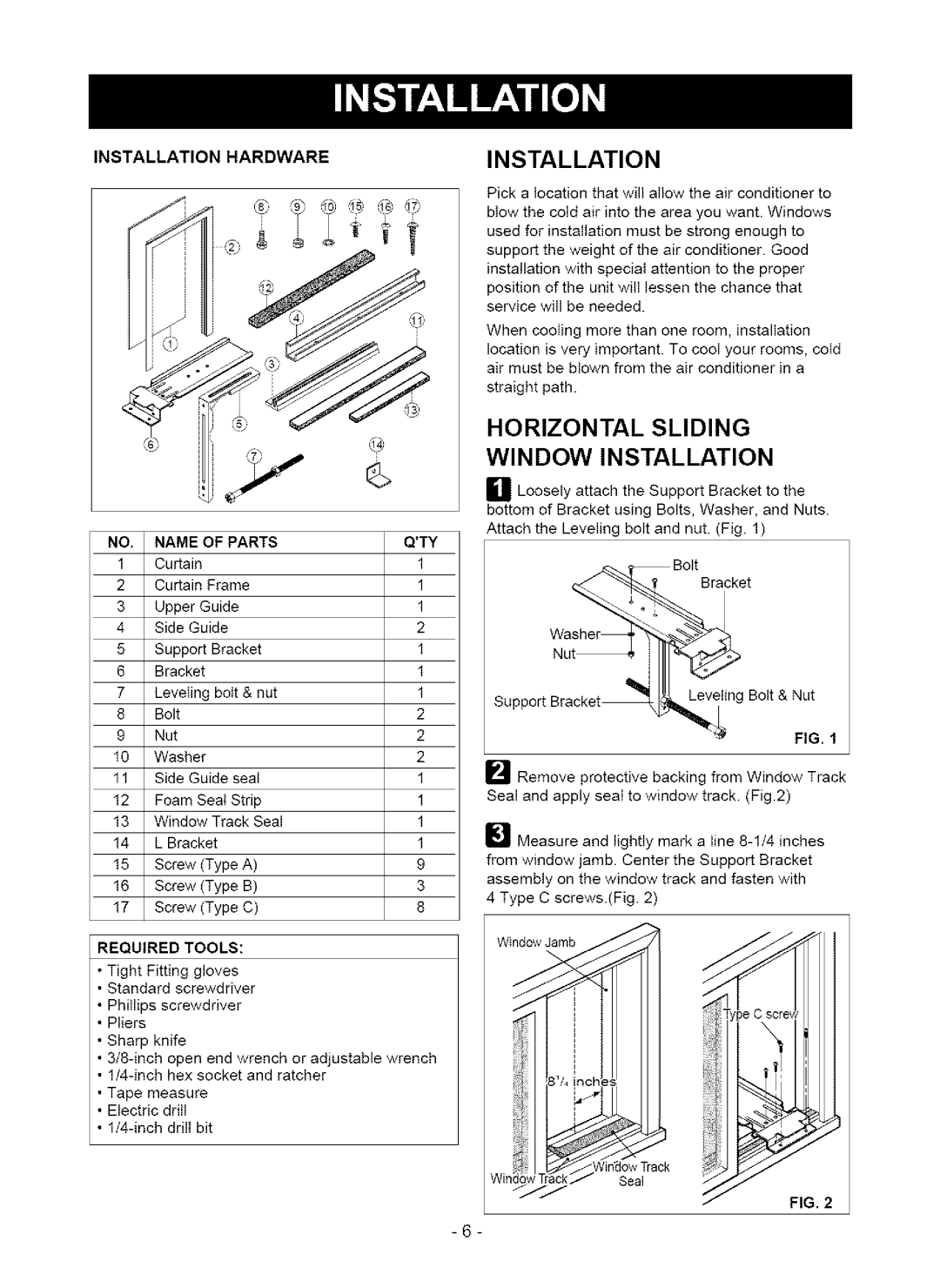 Kenmore 580. 75063 Horizontal Sliding Window Installation, Installation Hardware Name of Parts QTY, Required Tools 