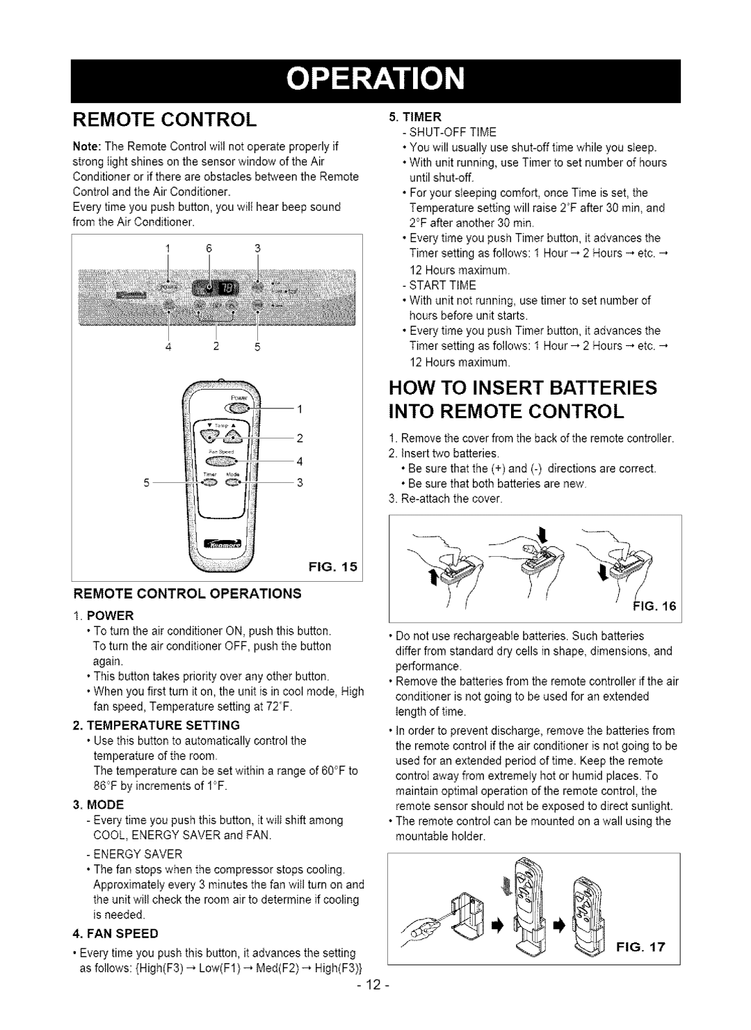 Kenmore 580. 75063 How To Insert Batteries, Into Remote Control, Remote Control Operations, 5, TIMER, Power, Mode 