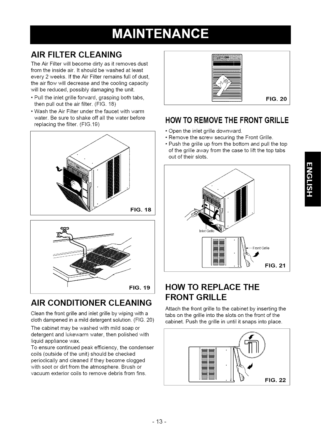 Kenmore 580.75123, 580. 75063 Air Filter Cleaning, Air Conditioner Cleaning, Howto Removethe Frontgrille, Fig. Fig 