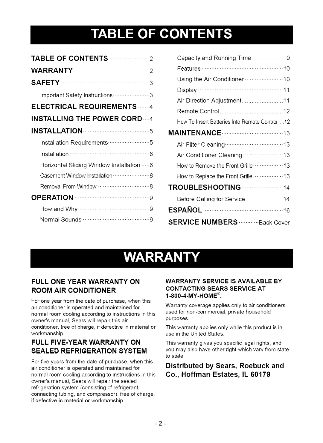 Kenmore 580. 75063, 580.75123 owner manual Full One Year Warranty On Room Air Conditioner, Distributed by Sears, Roebuck and 