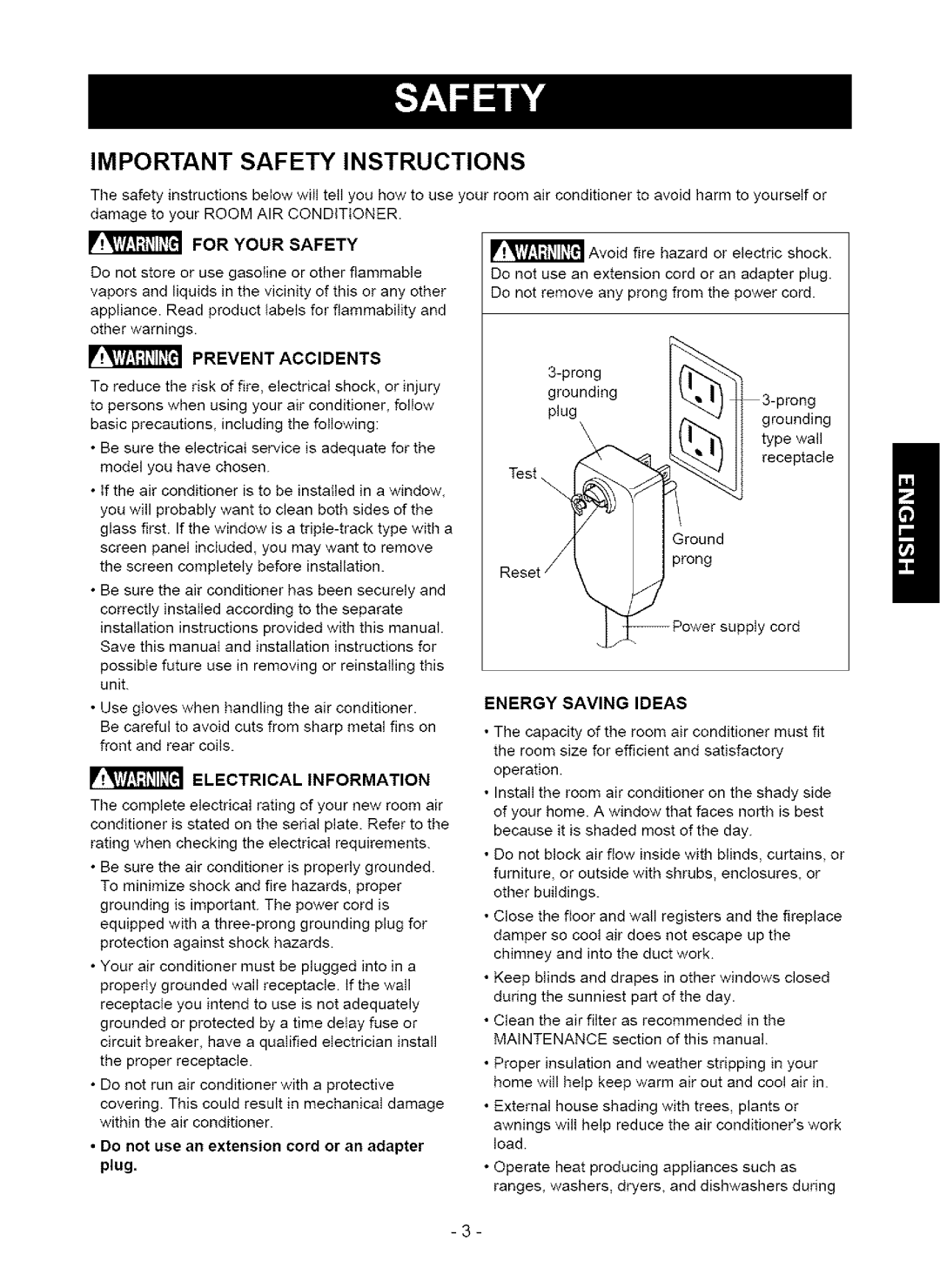 Kenmore 580.75123 Important Safety Instructions, Energy Saving Ideas, For Your Safety, Prevent Accidents, tpply cord 