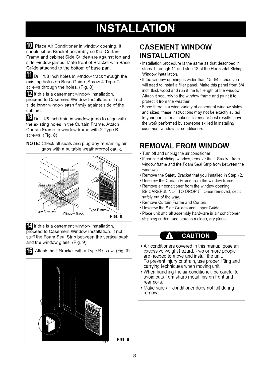 Kenmore 580. 75063, 580.75123 owner manual Casement Window, Installation, Removal From Window 