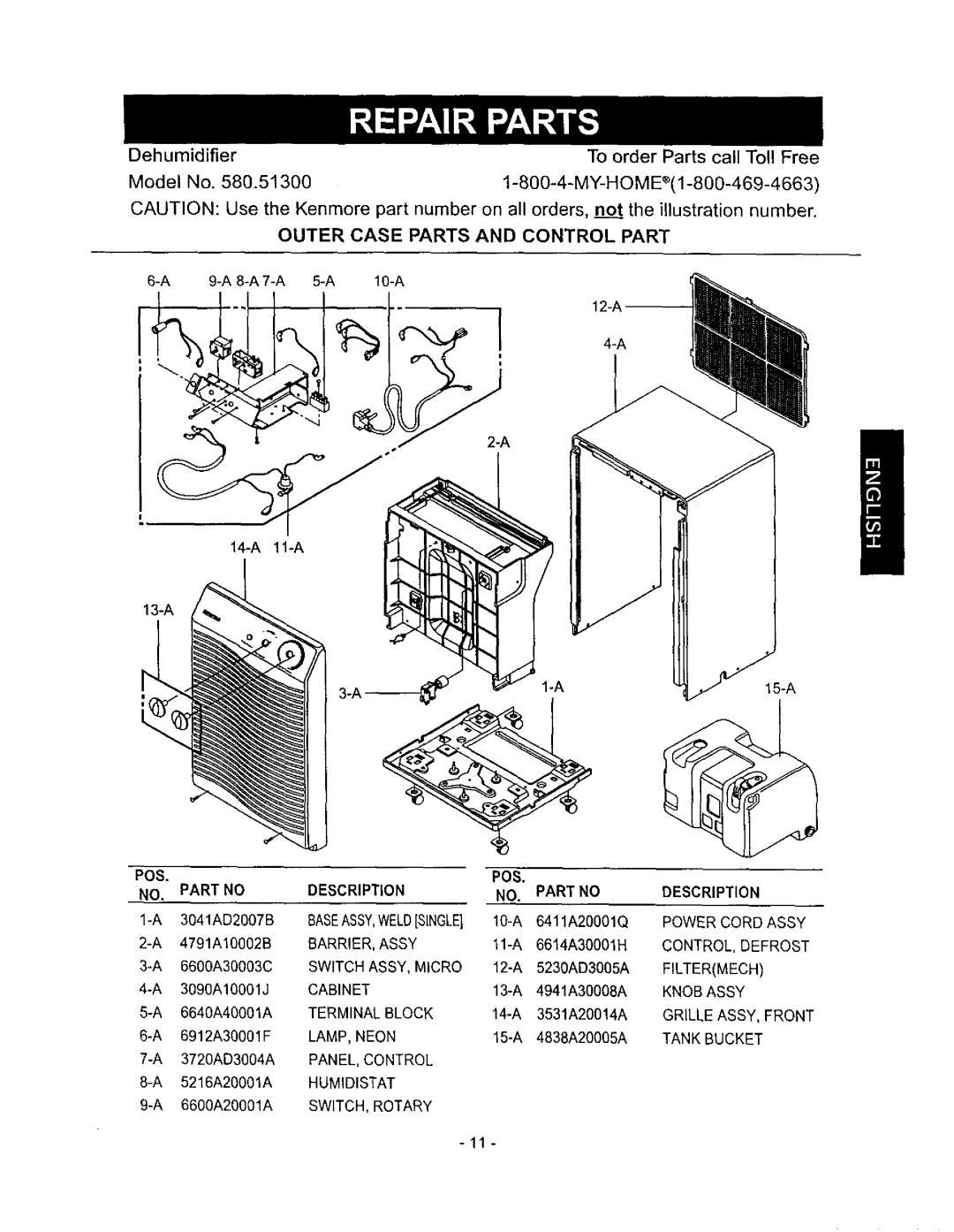 Kenmore 580.513 owner manual Description POS, 10-A 