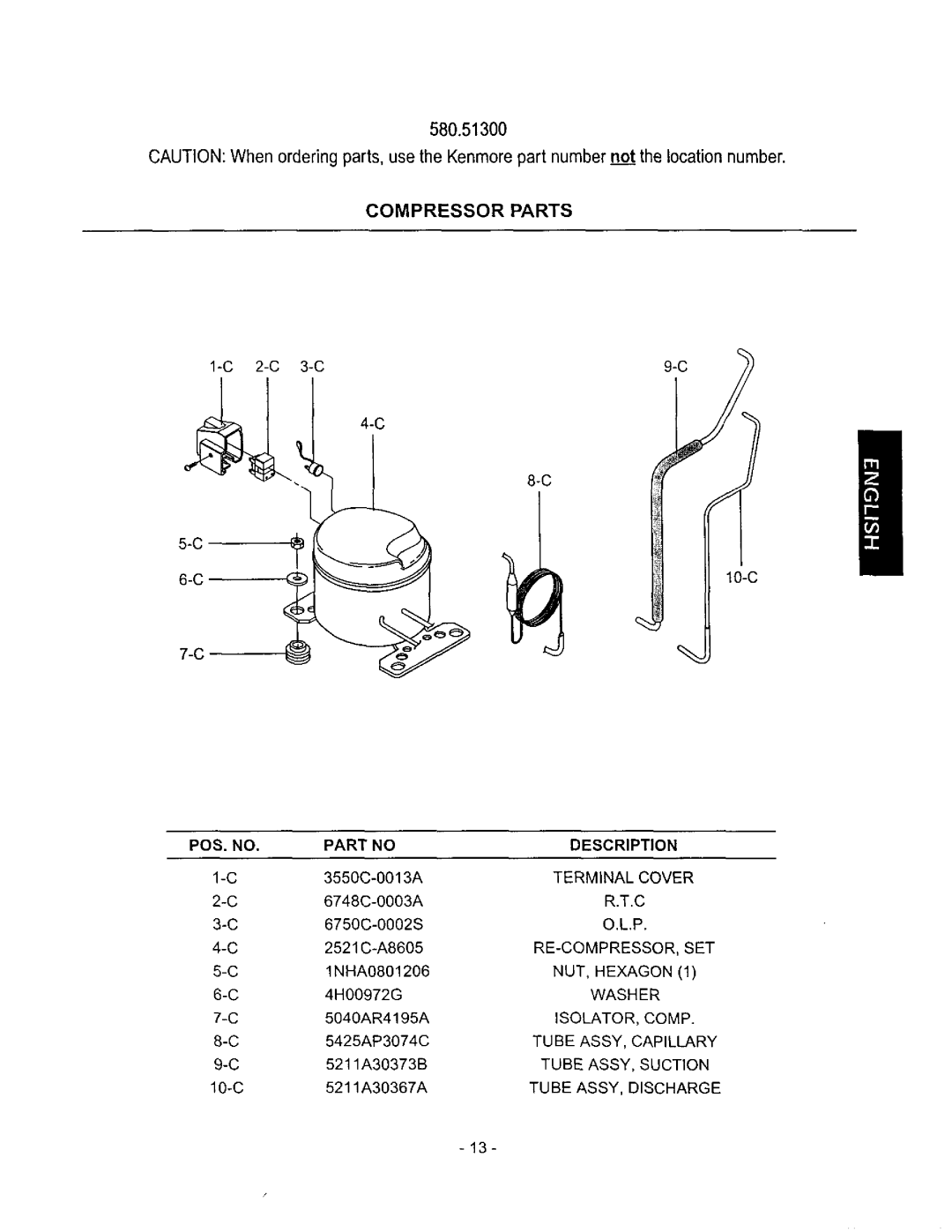 Kenmore 580.513 owner manual Compressor Parts, POS. no 