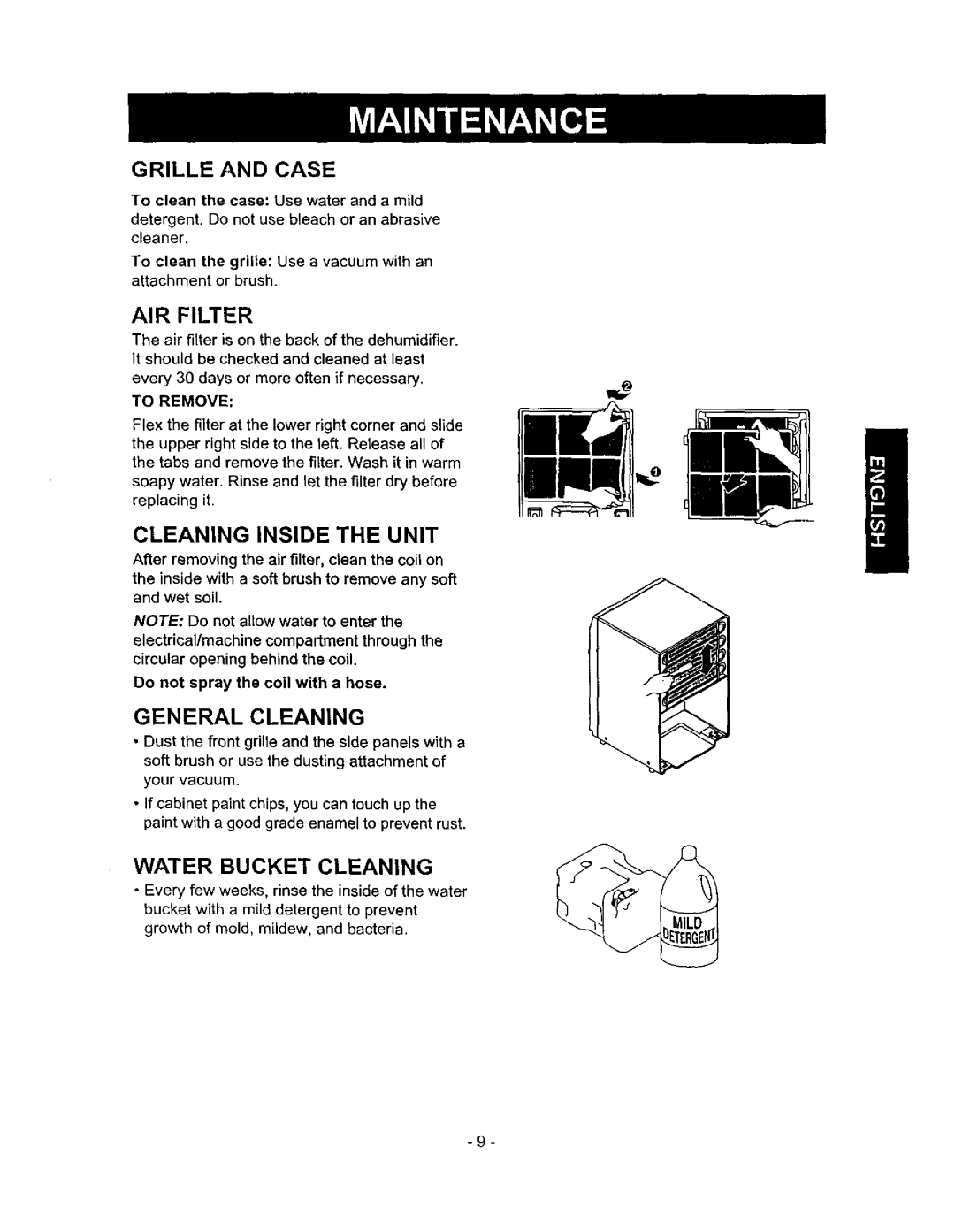 Kenmore 580.513 owner manual Grille and Case, Cleaning Inside the Unit, Water Bucket Cleaning, To Remove 