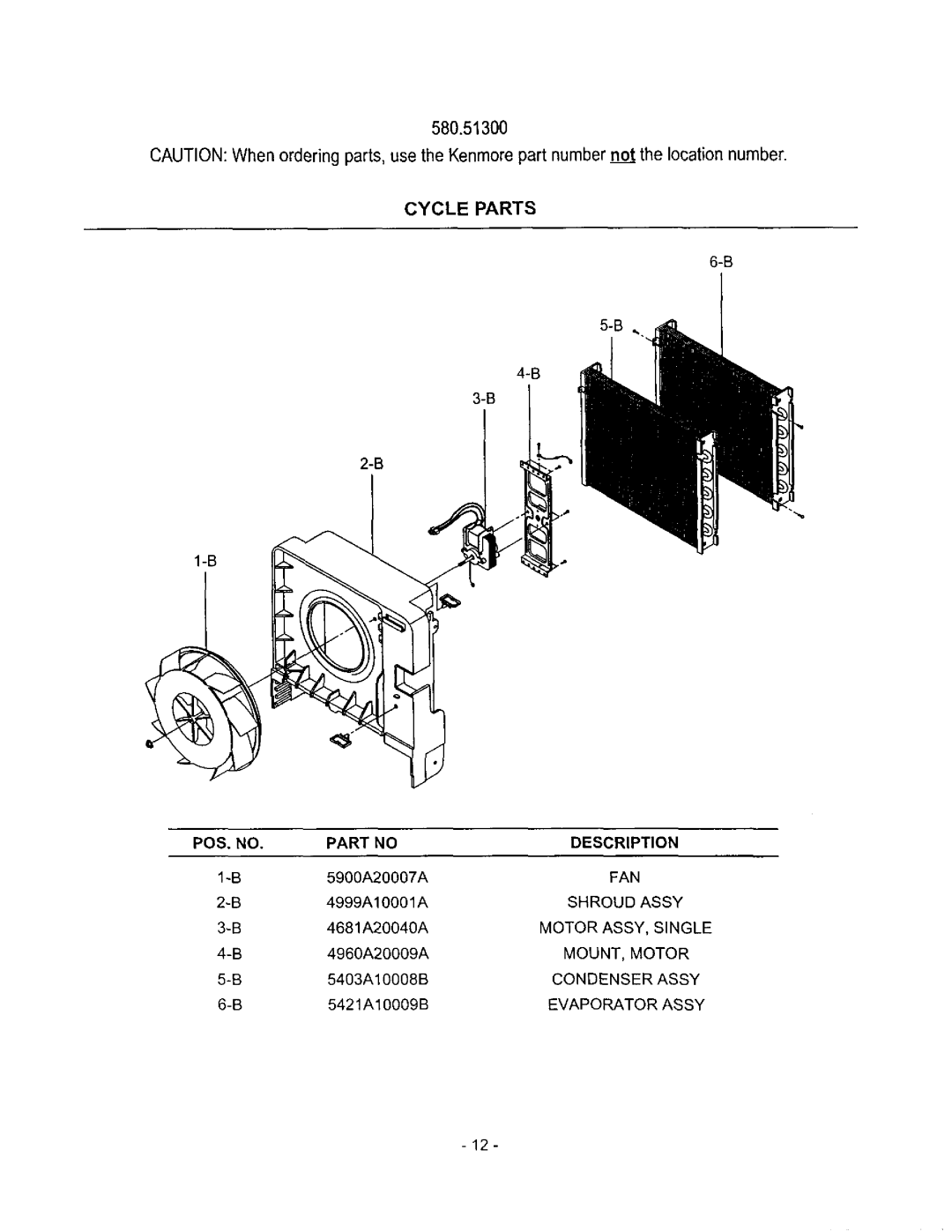 Kenmore owner manual 580.51300, Cycle Parts, Pos, No, Description 
