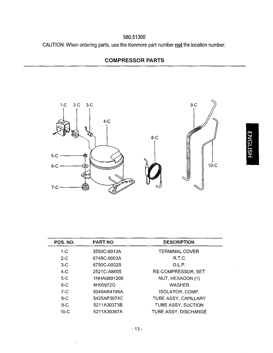 Kenmore owner manual 580.51300, Compressor Parts, Pos. No, Description 