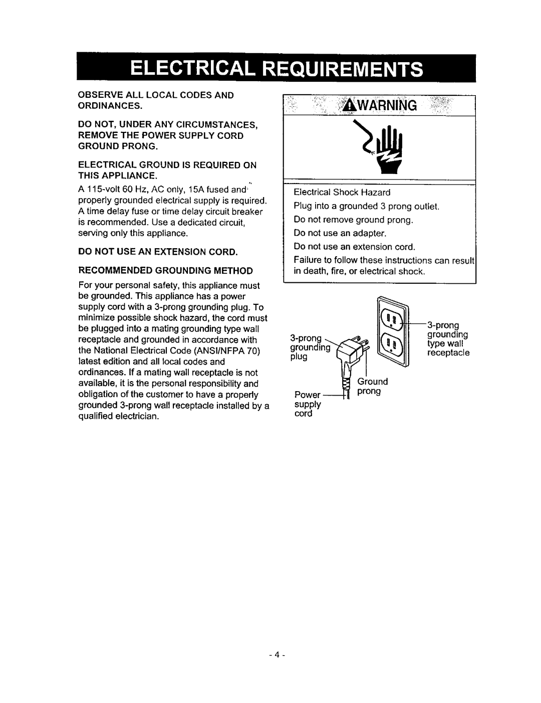 Kenmore 580.5145 owner manual Do not USE AN Extension Cord Recommended Grounding Method 