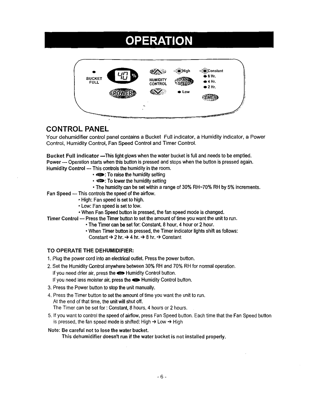 Kenmore 580.5145 owner manual Control Panel, To Operate the Dehumidifier 