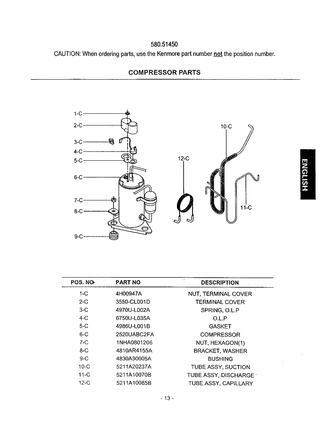 Kenmore owner manual 580.51450, Compressor Parts 