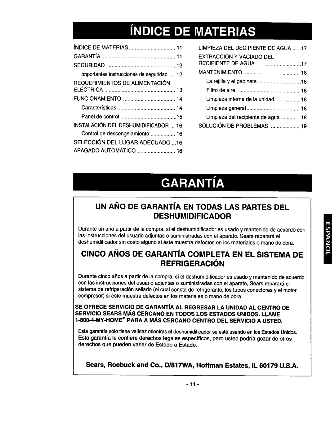 Kenmore 580.53301 owner manual UN ANO DE Garanta EN Todas LAS Partes DEL Deshumidificador 