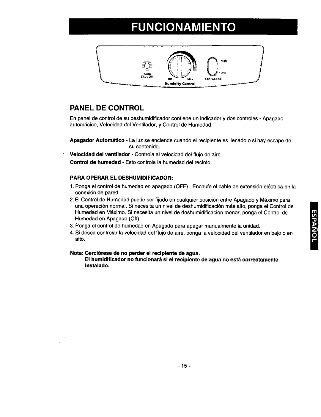 Kenmore 580.53301 owner manual Panel DE Control, Para Operar EL Deshumidificador 