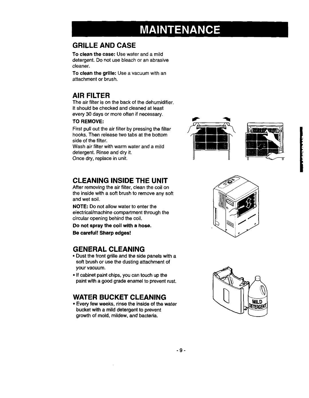 Kenmore 580.53301 owner manual AIR Filter, Water Bucket Cleaning, To Remove 