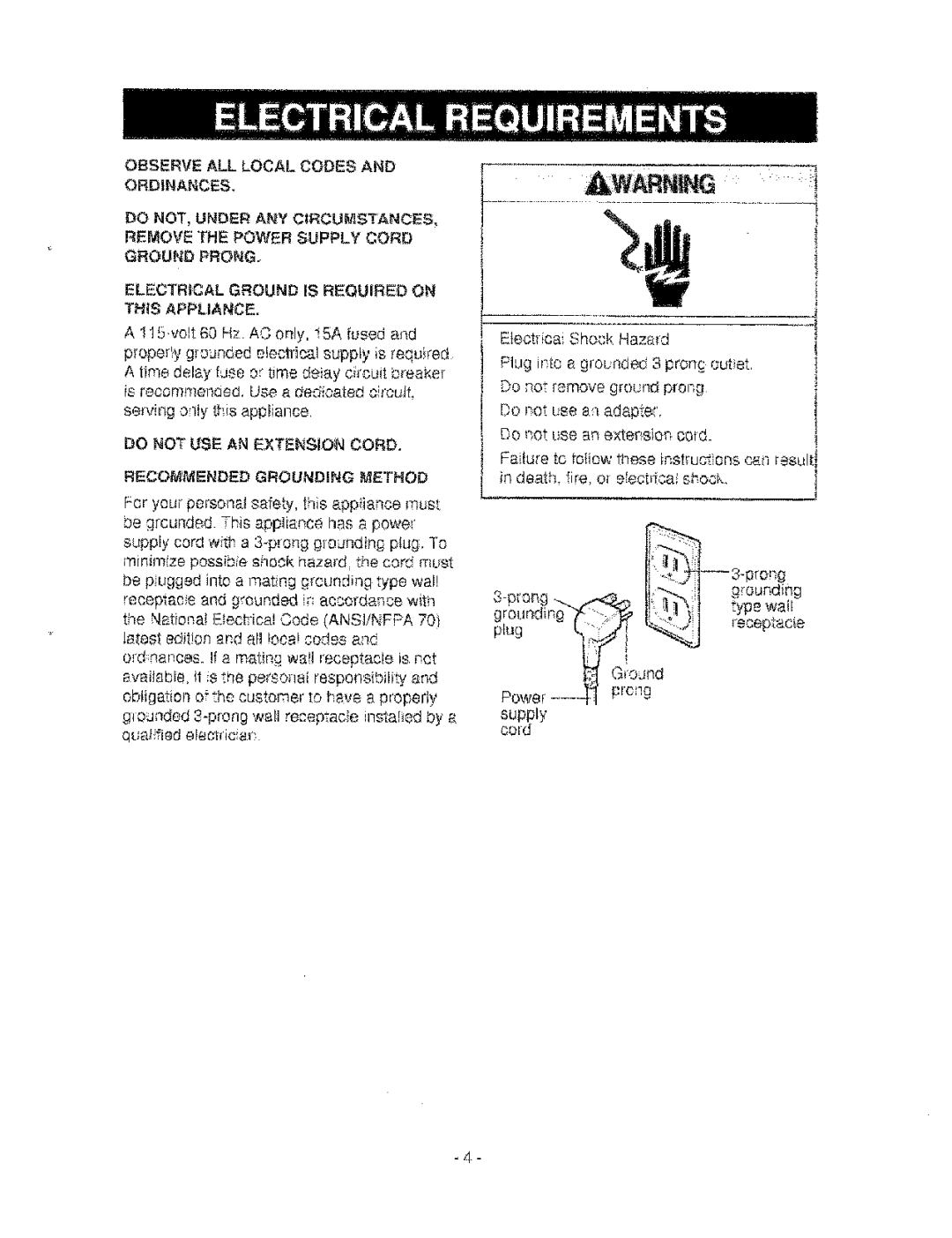 Kenmore 580.53650 Electrical Ground is Required on THS Applance, Do not USE AN Extension Cord Recommended Grounding Method 