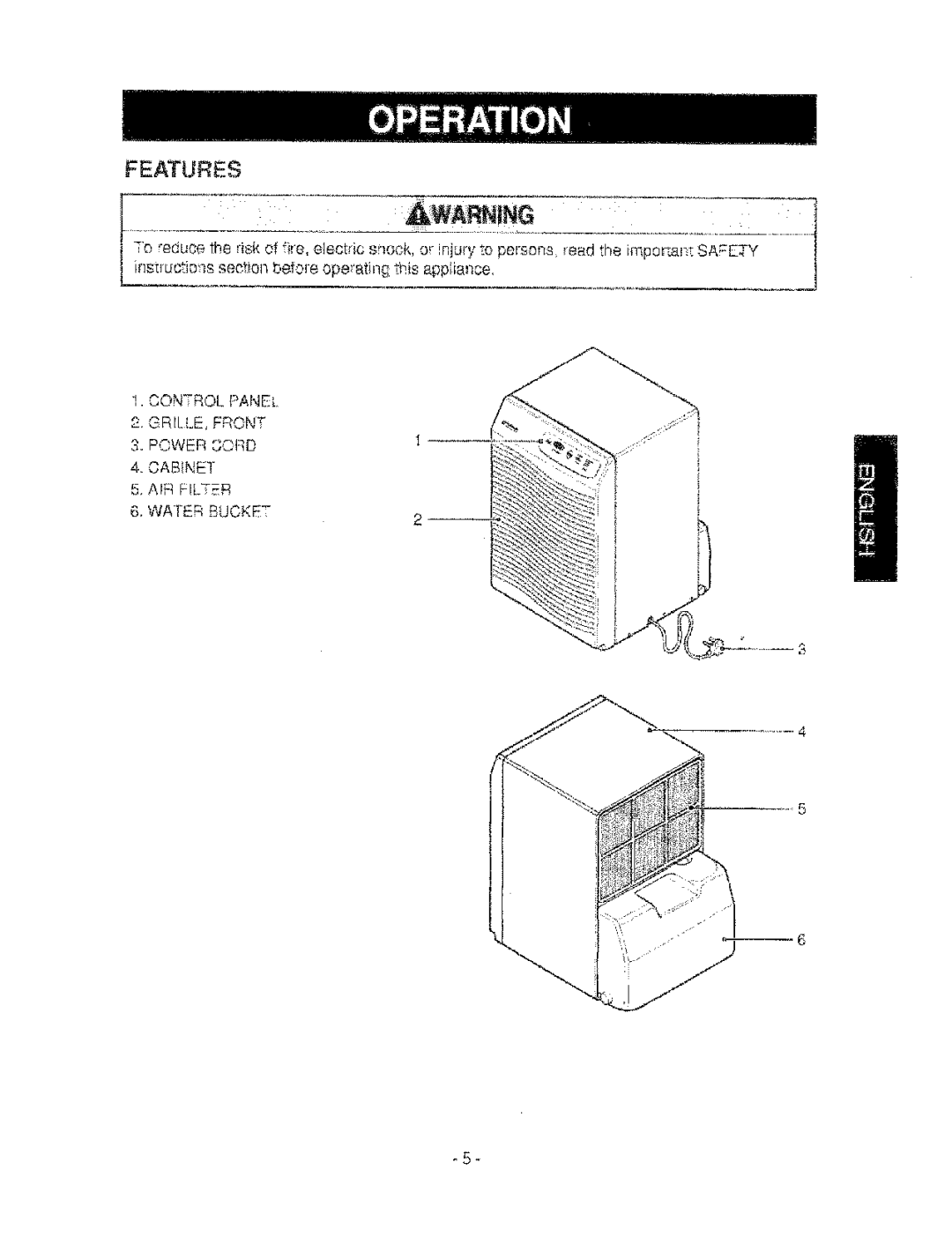 Kenmore 580.53650 owner manual Warnng, GRILLE, Front Power Cord 4, Cabinet AIR Filter Water Buoket 