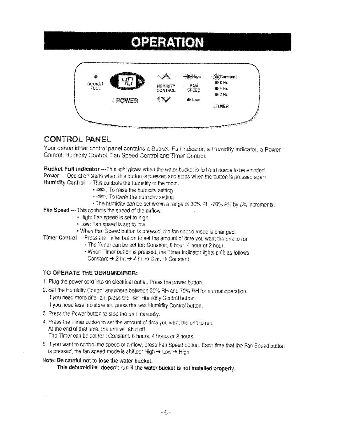 Kenmore 580.53650 owner manual Control Panel, To Operate the Dehumidifier 