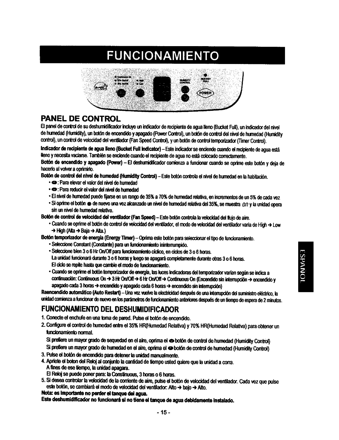 Kenmore 580.53509, 580.53701 owner manual Panel DE Control, Funcionamientodel Deshumidificador, Eaja 