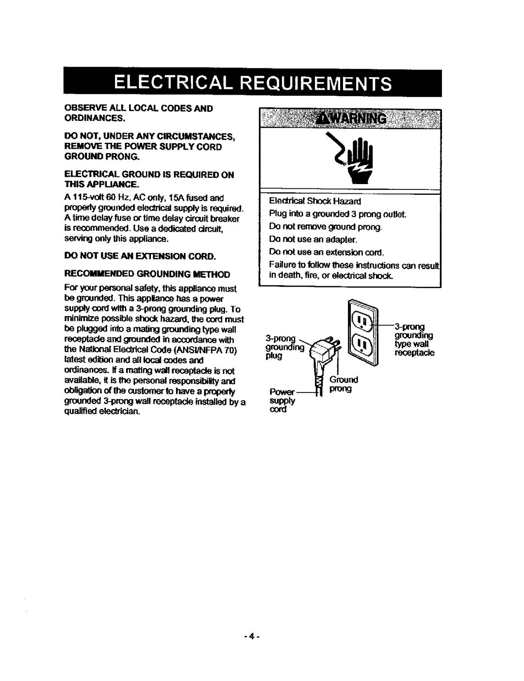 Kenmore 580.53701, 580.53509 owner manual Reseptade, Do not USE AN Extension Cord Recommended Grounding Method 