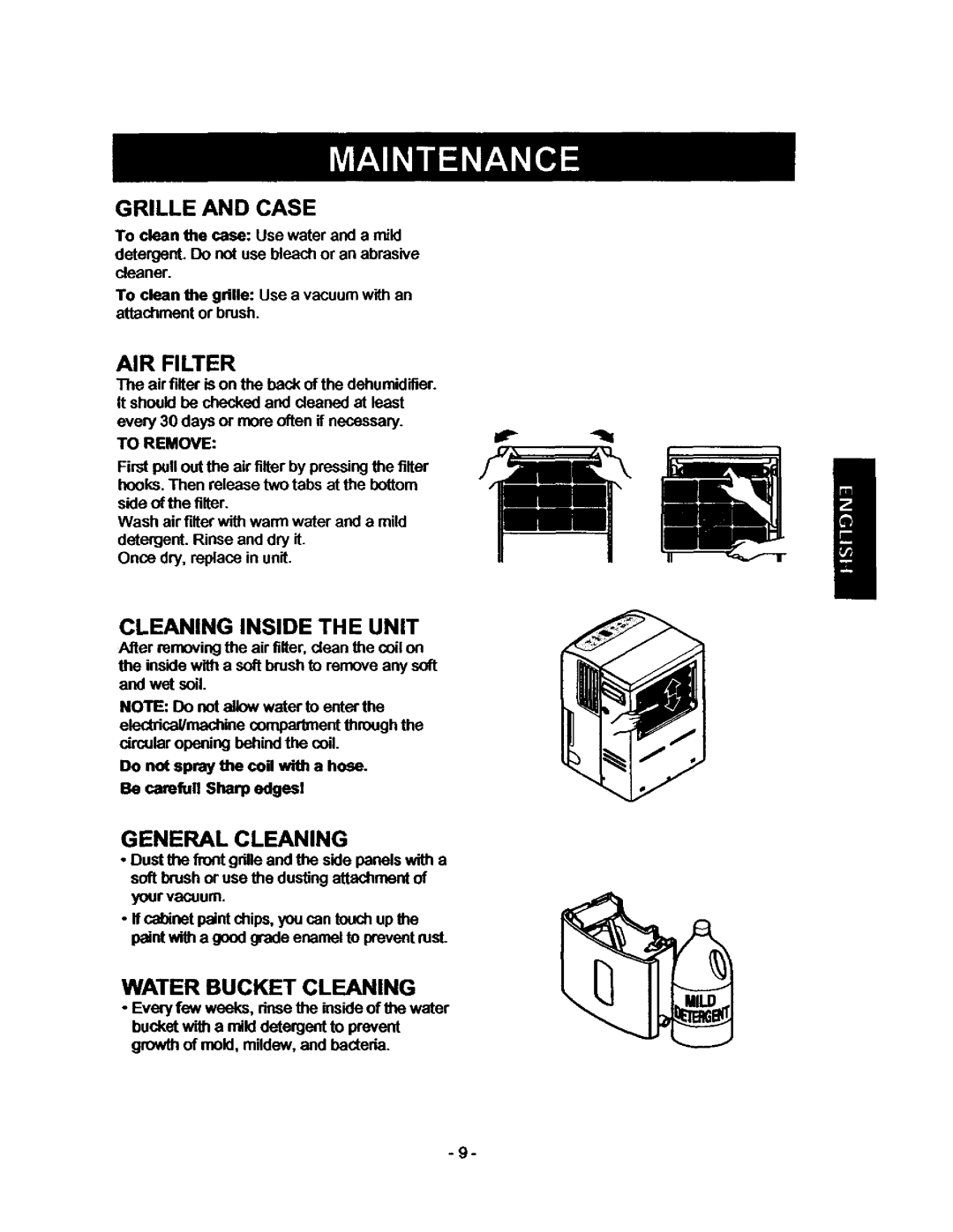 Kenmore 580.53509 Cleaning Inside the Unit, General Cleaning, Grille and Case, AIR Filter, Water Bucket Cleaning 