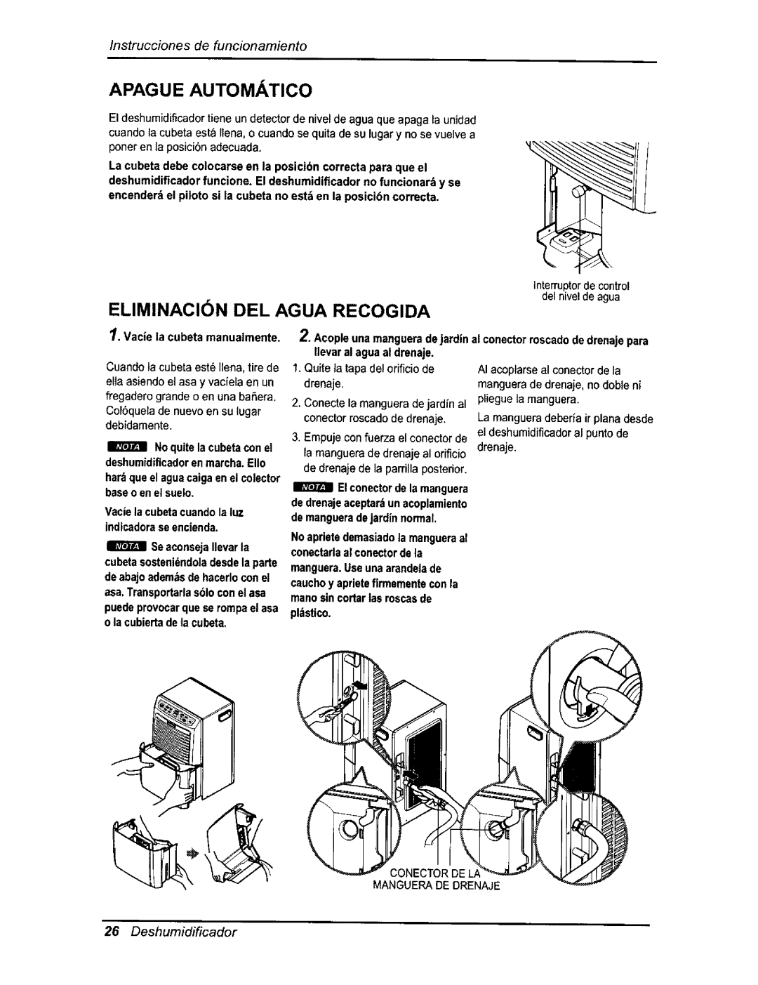 Kenmore 580.54701 owner manual Apague Automatico, Eliminacion DEL Agua Recogida, Vacie la cubeta manualmente 