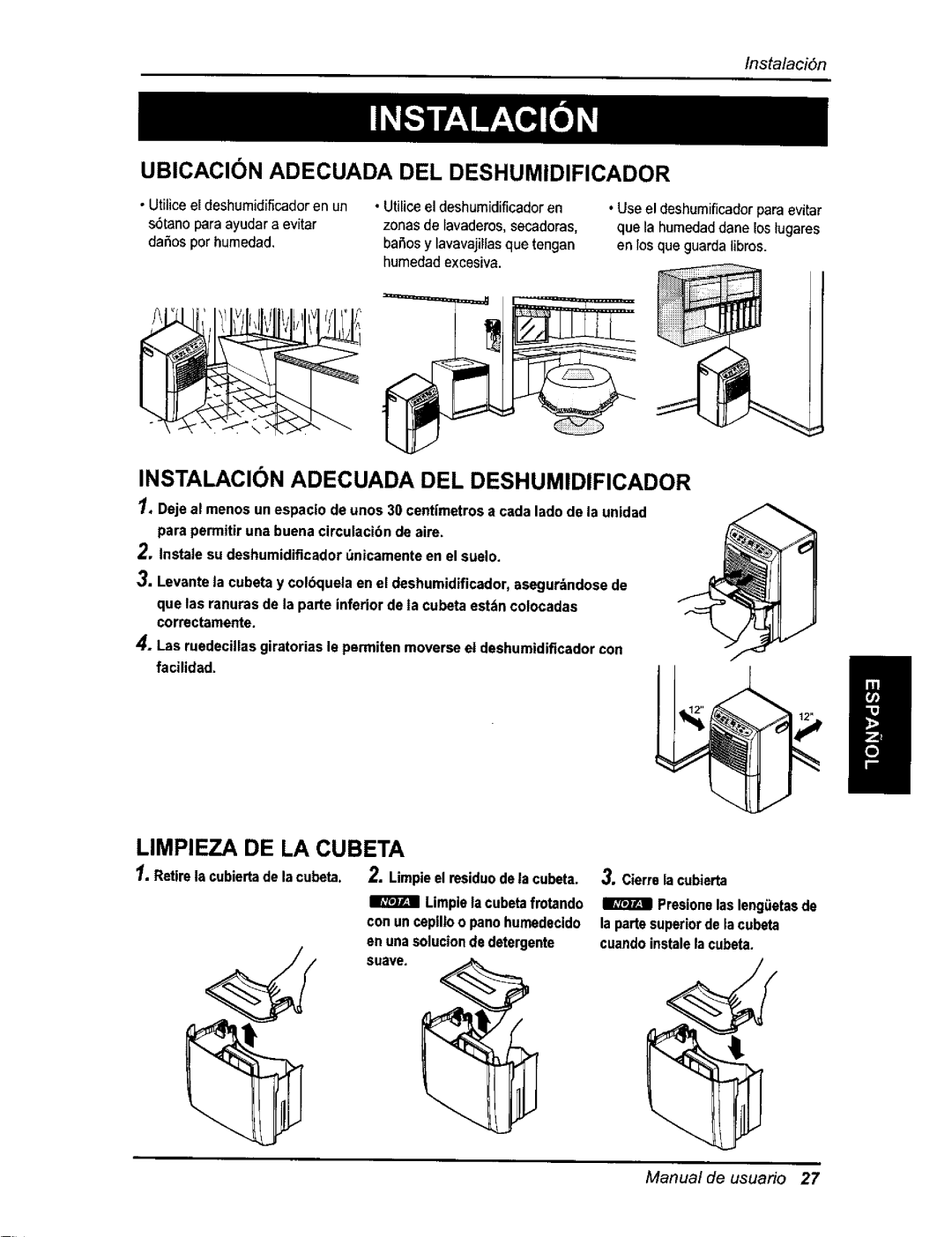 Kenmore 580.54701 owner manual UBICACI6N Adecuada DEL Deshumidificador, Instalacion Adecuada DEL Deshumidificador 