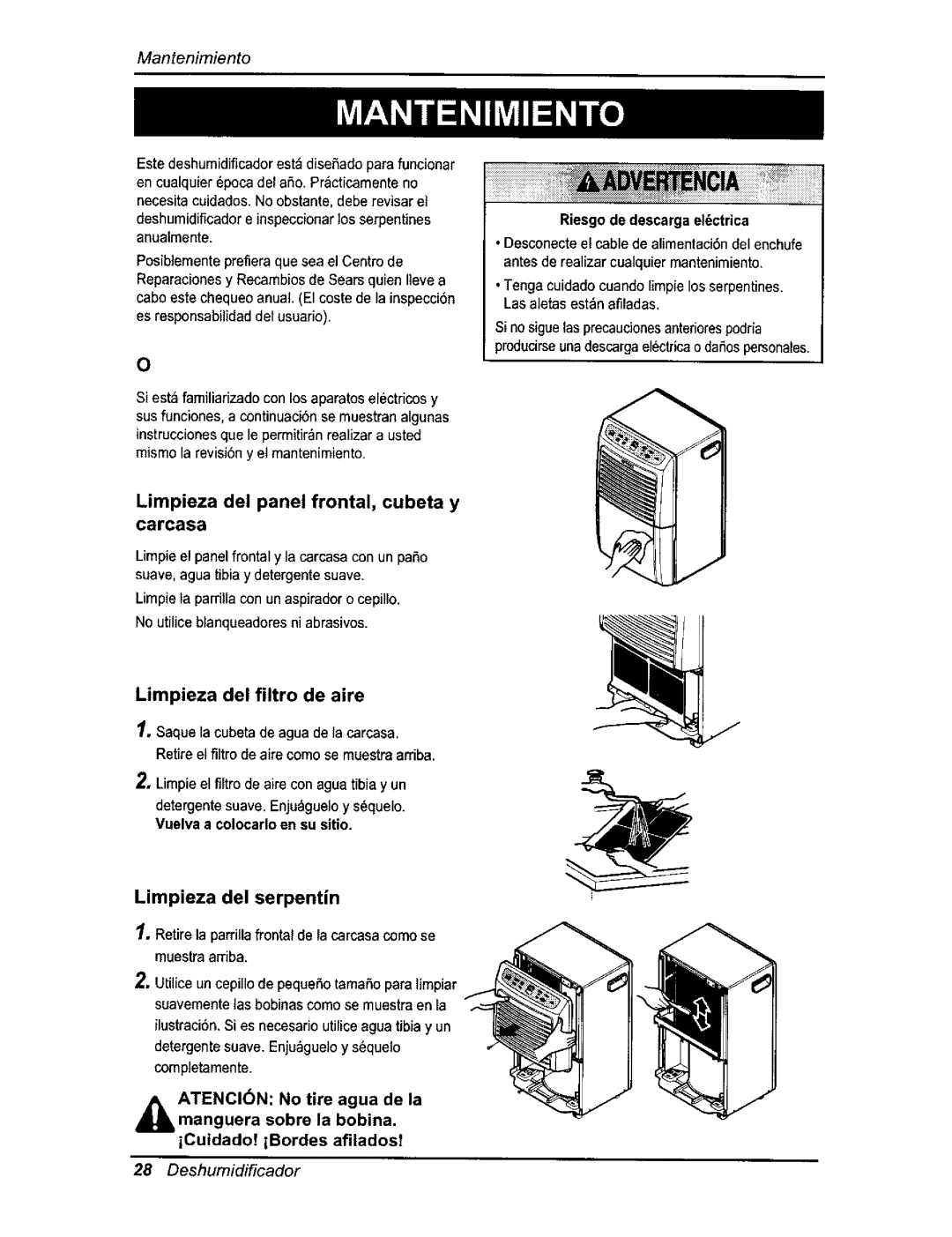 Kenmore 580.54701 owner manual Limpieza del filtro de aire, Limpieza del serpentin 