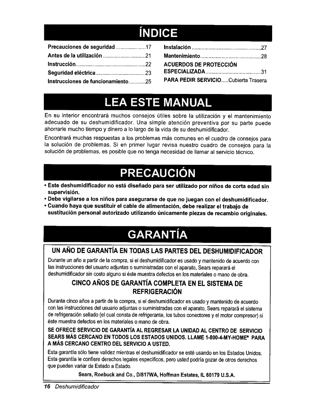 Kenmore 580.54701 owner manual ClNCOANOS DE GARANTJACOMPLETAEN EL SISTEMADE, Refrigeracion, 16Deshumidificador 