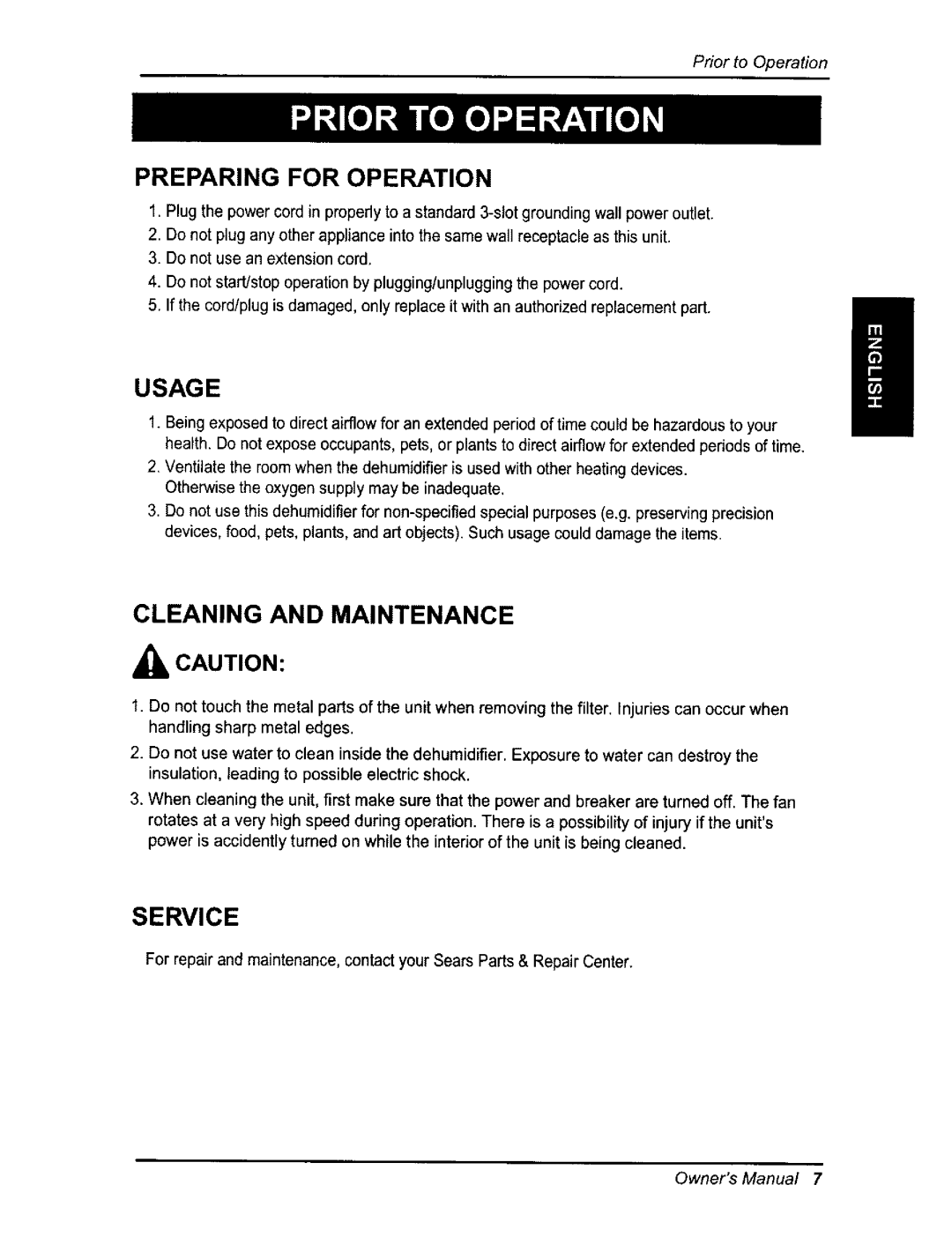 Kenmore 580.54701 owner manual Preparing For Operation, Usage, Cleaning And Maintenance, Service 