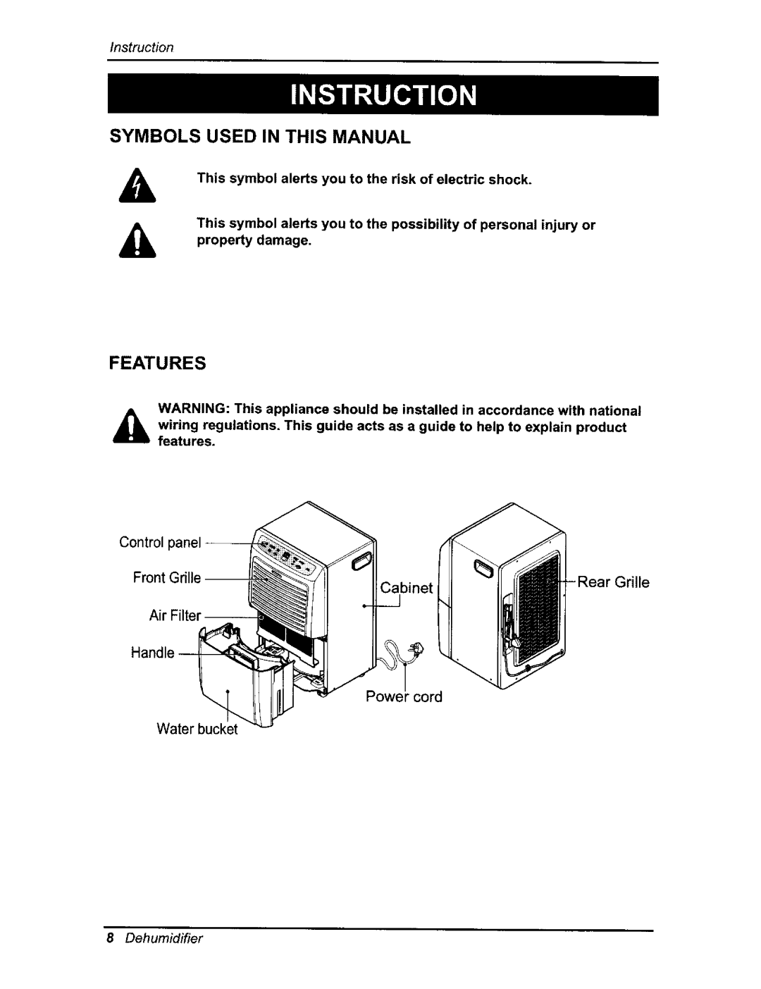 Kenmore 580.54701 Symbols Used In This Manual, Features, Control Front Grille, Cabinet, Rear Grille, Instruction 