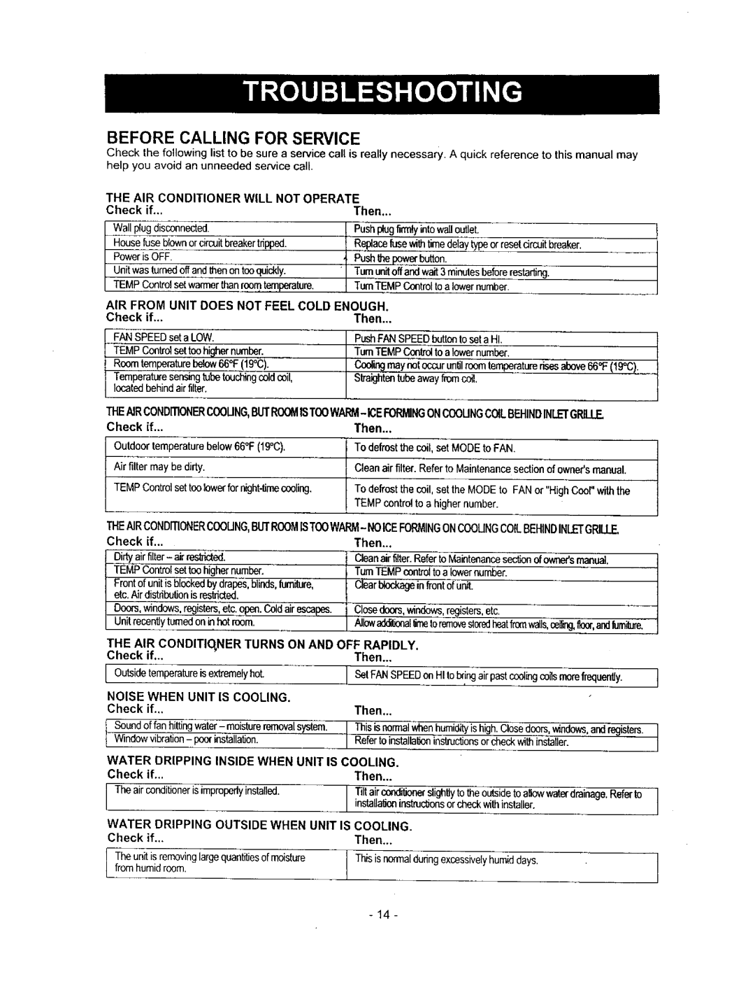 Kenmore 580.71056 Before Calling for Service, AIR Conditioner will not Operate, AIR from Unit does not Feel Cold Enough 