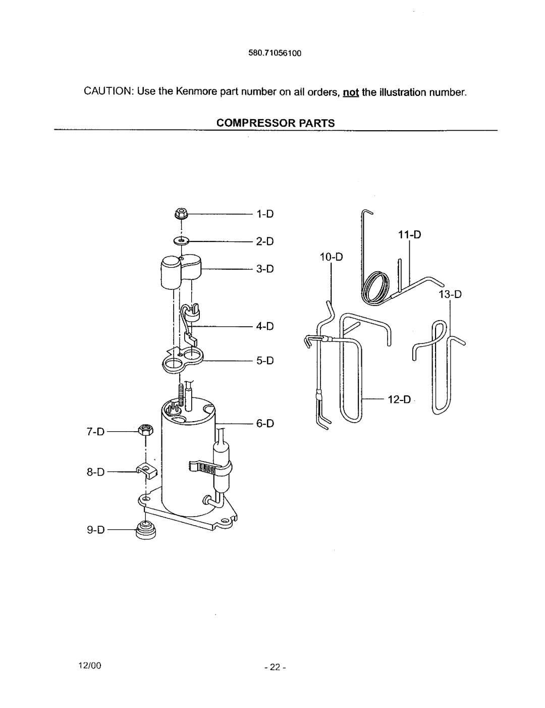 Kenmore 580.71056 owner manual Compressor Parts 