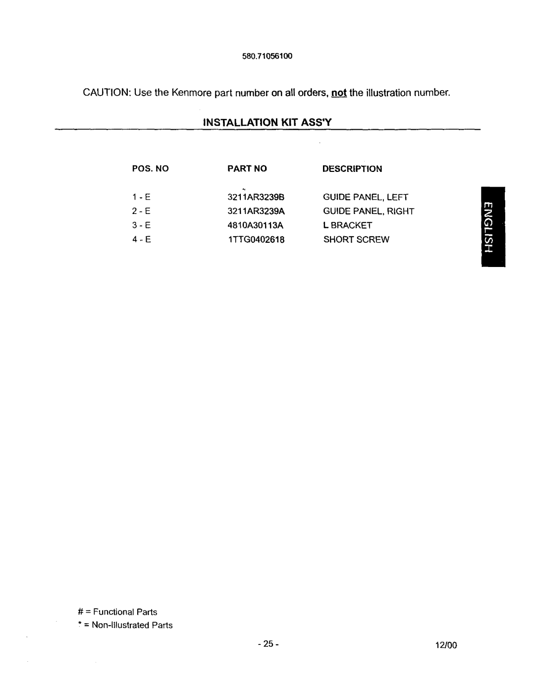 Kenmore 580.71056 owner manual Installation KIT Assy, POS. no Description 