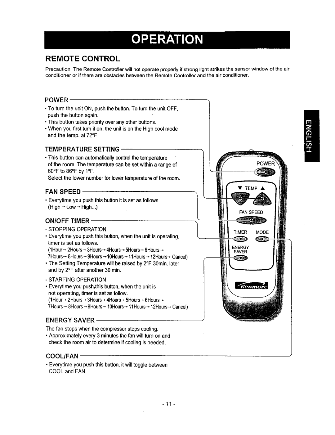 Kenmore 580.71056 owner manual Remote Control 