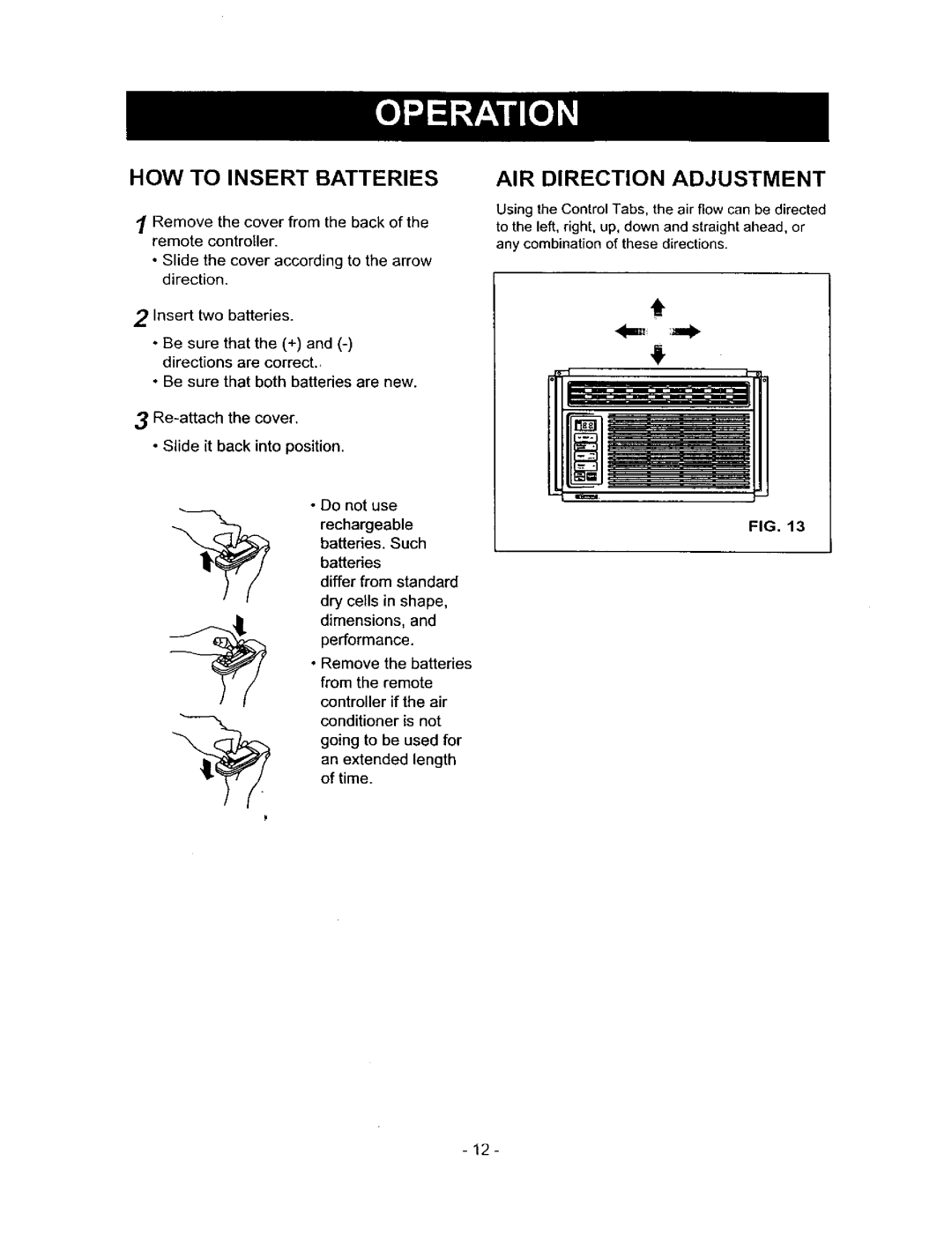 Kenmore 580.71056 owner manual How To Insert Batteries, Air Direction Adjustment 